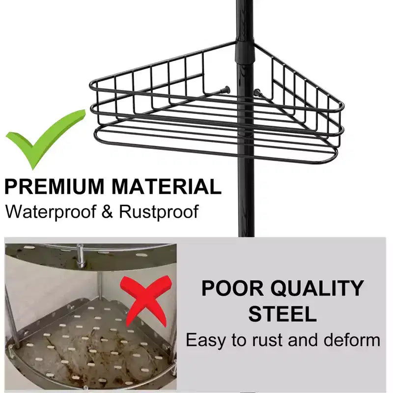 Étagère d'angle de salle de bain, étagère réglable à quatre niveaux, étagère de douche antirouille, support de baignoire autoportant, avec tringle télescopique