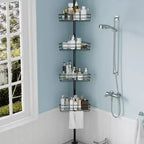 Étagère d'angle de salle de bain, étagère réglable à quatre niveaux, étagère de douche antirouille, support de baignoire autoportant, avec tringle télescopique