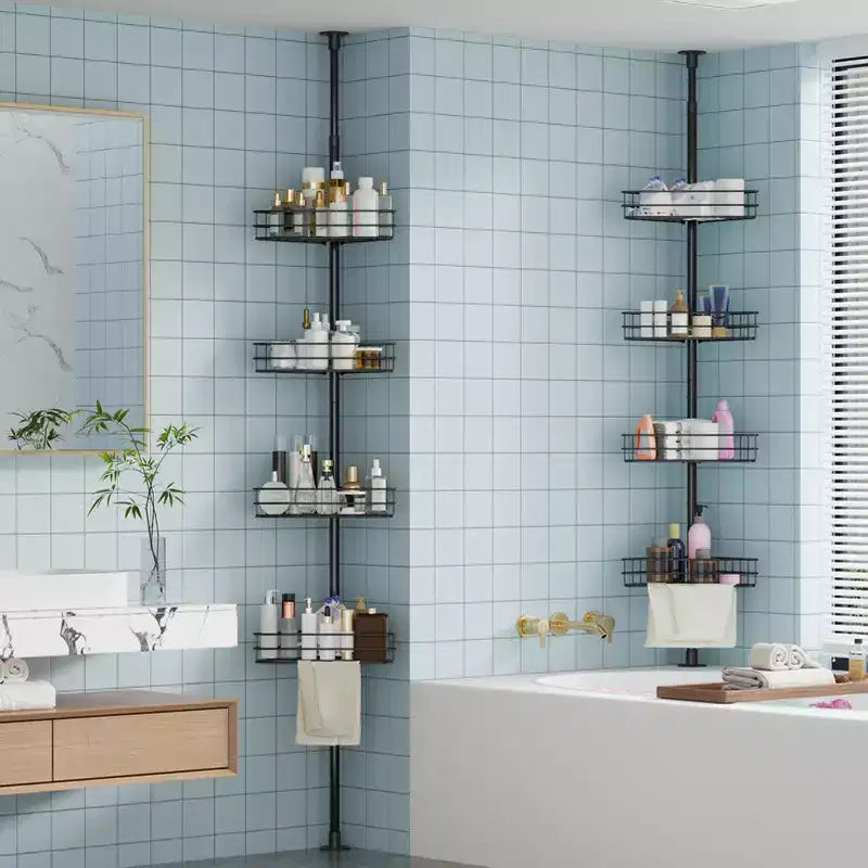 Étagère d'angle de salle de bain, étagère réglable à quatre niveaux, étagère de douche antirouille, support de baignoire autoportant, avec tringle télescopique