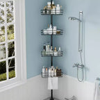 Étagère d'angle de salle de bain, étagère réglable à quatre niveaux, étagère de douche antirouille, support de baignoire autoportant, avec tringle télescopique