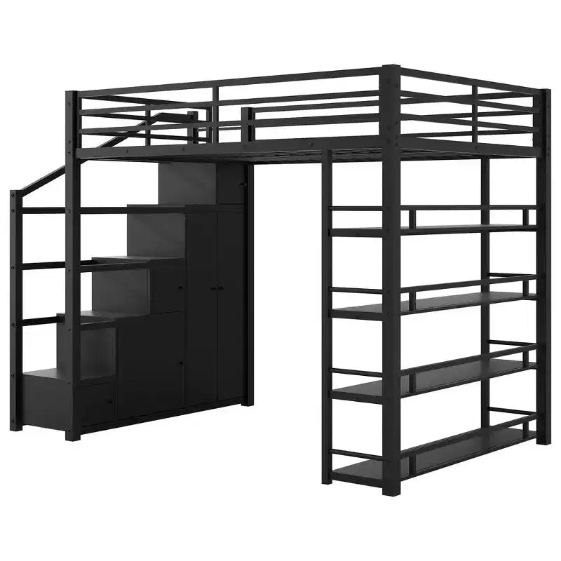Lit mezzanine double Whisen avec étagères à 4 niveaux et escalier de rangement, sûr et facile à monter (version améliorée) - Noir