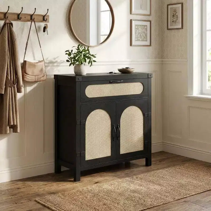 Buffet Cabinet, 30 Rattan Sideboard with Storage, Small Farmhouse Buffet Table with Adjustable Shelf & Drawer, Black