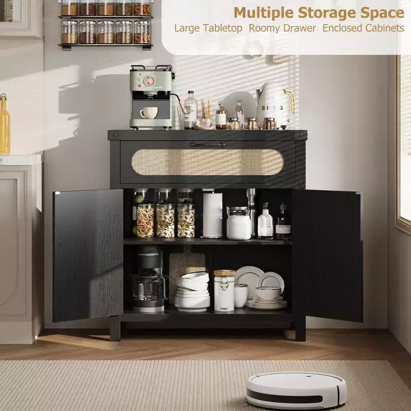 Meuble Buffet, Bahut en rotin 30" avec rangement, Petite table de buffet de ferme avec étagère réglable et tiroir, Noir