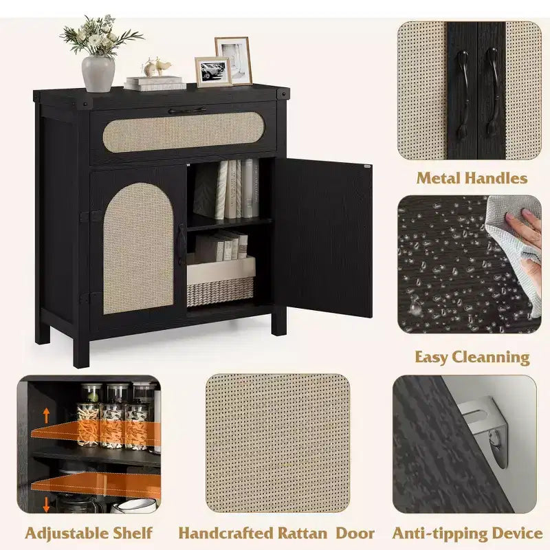 Meuble Buffet, Bahut en rotin 30" avec rangement, Petite table de buffet de ferme avec étagère réglable et tiroir, Noir