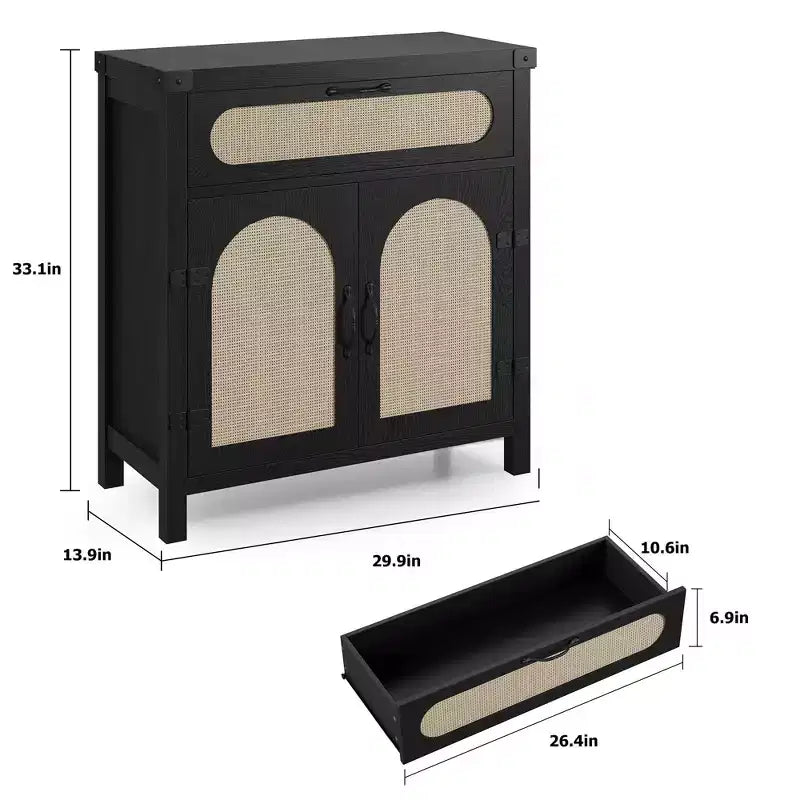 Meuble Buffet, Bahut en rotin 30" avec rangement, Petite table de buffet de ferme avec étagère réglable et tiroir, Noir