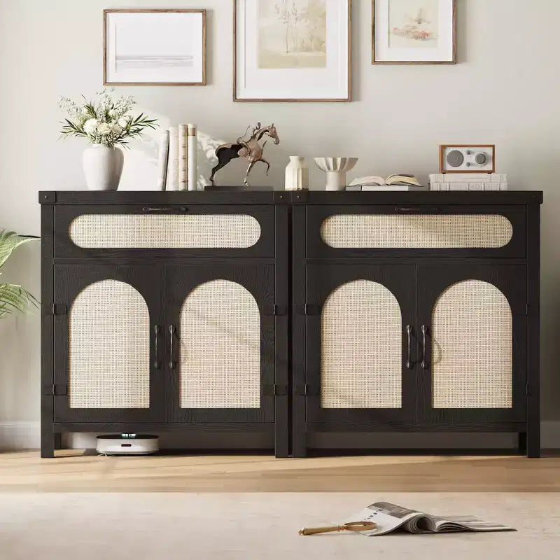 Meuble Buffet, Bahut en rotin 30" avec rangement, Petite table de buffet de ferme avec étagère réglable et tiroir, Noir