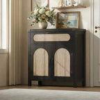 Meuble Buffet, Bahut en rotin 30" avec rangement, Petite table de buffet de ferme avec étagère réglable et tiroir, Noir