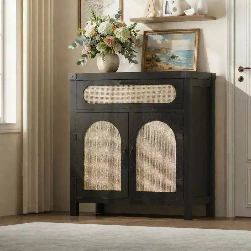 Meuble Buffet, Bahut en rotin 30" avec rangement, Petite table de buffet de ferme avec étagère réglable et tiroir, Noir