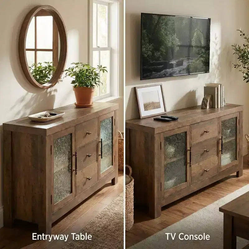 Bahut moderne de 54,4 po avec 2 portes vitrées et 3 tiroirs, meuble de rangement polyvalent, comptoir de café, meuble TV pour le salon, la cuisine, la salle à manger