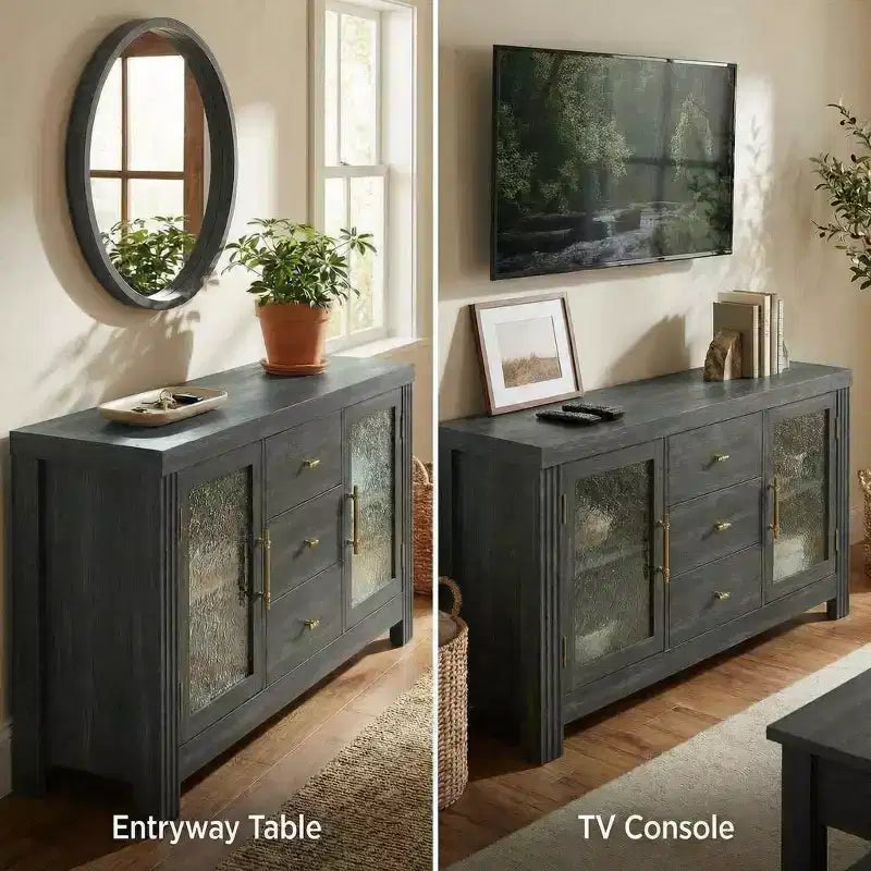 Bahut moderne de 54,4 po avec 2 portes vitrées et 3 tiroirs, meuble de rangement polyvalent, comptoir de café, meuble TV pour le salon, la cuisine, la salle à manger