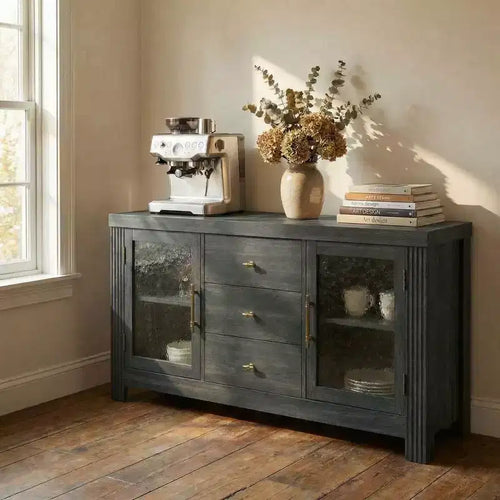 54.4 Modern Buffet Sideboard with 2 Glass Doors & 3 Drawers,Versatile Storage Cabinet, Coffee Bar, TV Stand for Living Room, Kitchen, Dining Room
