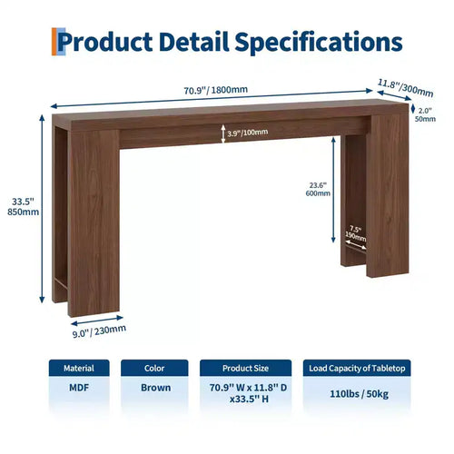 Table d'appoint de salon de 70,9 pouces, une table de console longue et étroite de style campagnard, adaptée aux entrées, couloirs, facile à assembler.