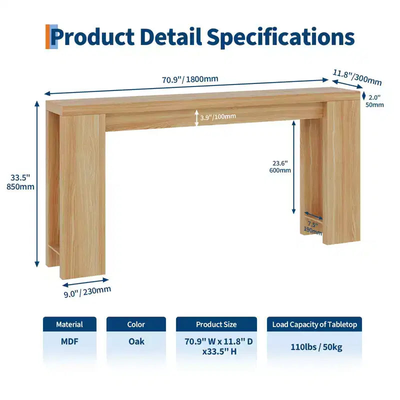 Table d'appoint de salon de 70,9 pouces, une table de console longue et étroite de style campagnard, adaptée aux entrées, couloirs, facile à assembler.