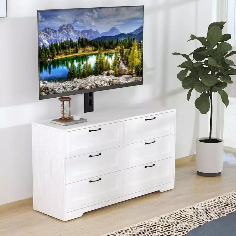 Meuble TV avec support et 6 tiroirs de rangement pour téléviseurs de 32/45/55/65/75/80 pouces, centre de divertissement noir pour chambre à coucher, salon, tables de console multimédia en bois