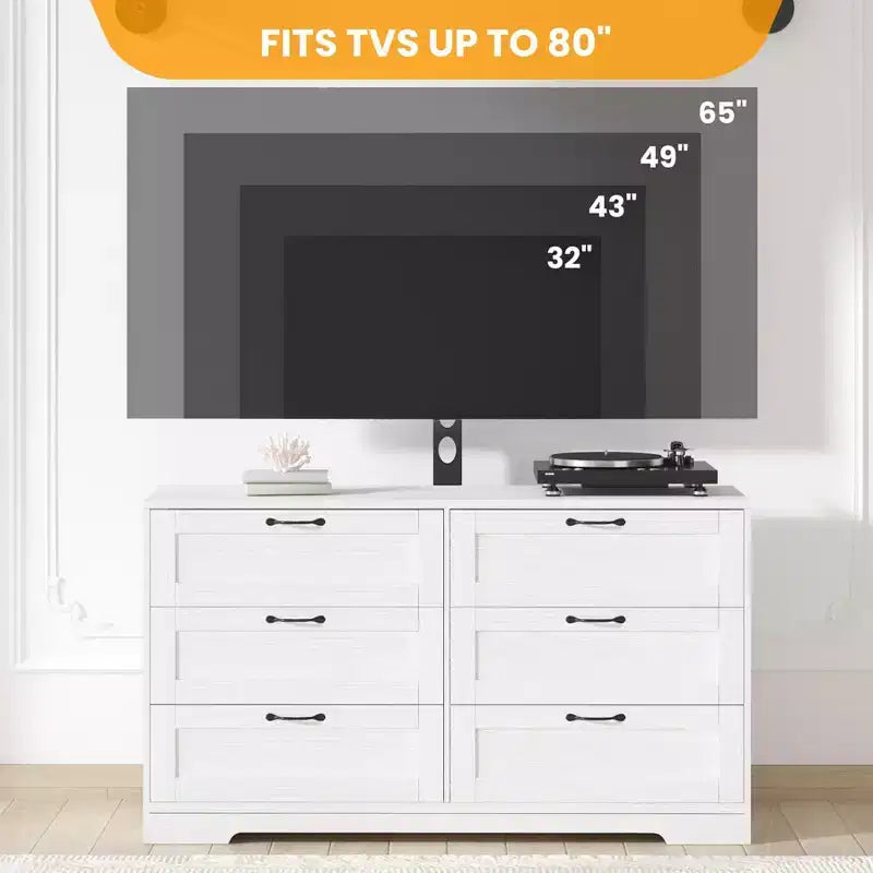 Meuble TV avec support et 6 tiroirs de rangement pour téléviseurs de 32/45/55/65/75/80 pouces, centre de divertissement noir pour chambre à coucher, salon, tables de console multimédia en bois