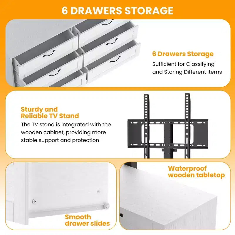 Meuble TV avec support et 6 tiroirs de rangement pour téléviseurs de 32/45/55/65/75/80 pouces, centre de divertissement noir pour chambre à coucher, salon, tables de console multimédia en bois