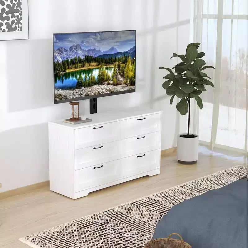 Meuble TV avec support et 6 tiroirs de rangement pour téléviseurs de 32/45/55/65/75/80 pouces, centre de divertissement noir pour chambre à coucher, salon, tables de console multimédia en bois