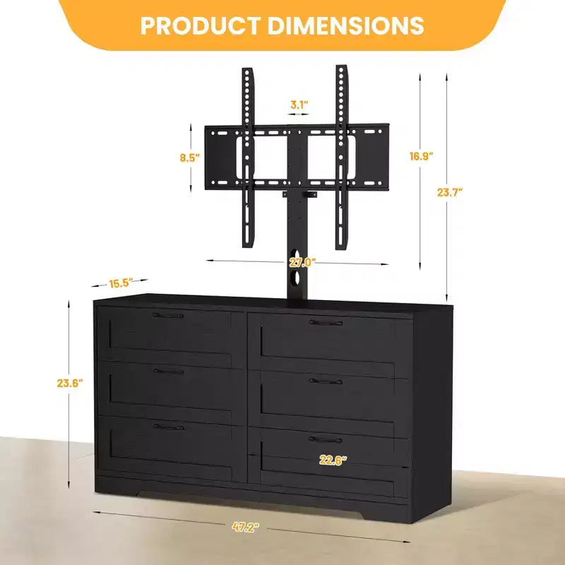 Meuble TV avec support et 6 tiroirs de rangement pour téléviseurs de 32/45/55/65/75/80 pouces, centre de divertissement noir pour chambre à coucher, salon, tables de console multimédia en bois