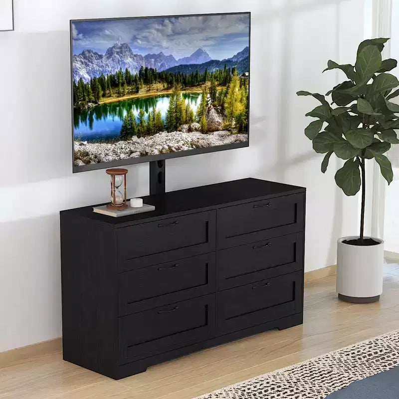 Meuble TV avec support et 6 tiroirs de rangement pour téléviseurs de 32/45/55/65/75/80 pouces, centre de divertissement noir pour chambre à coucher, salon, tables de console multimédia en bois