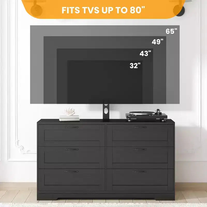 Meuble TV avec support et 6 tiroirs de rangement pour téléviseurs de 32/45/55/65/75/80 pouces, centre de divertissement noir pour chambre à coucher, salon, tables de console multimédia en bois