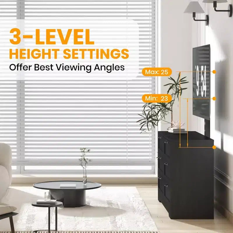 Meuble TV avec support et 6 tiroirs de rangement pour téléviseurs de 32/45/55/65/75/80 pouces, centre de divertissement noir pour chambre à coucher, salon, tables de console multimédia en bois
