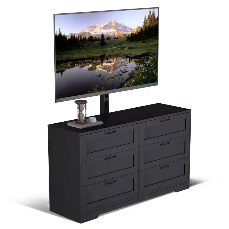 Meuble TV avec support et 6 tiroirs de rangement pour téléviseurs de 32/45/55/65/75/80 pouces, centre de divertissement noir pour chambre à coucher, salon, tables de console multimédia en bois
