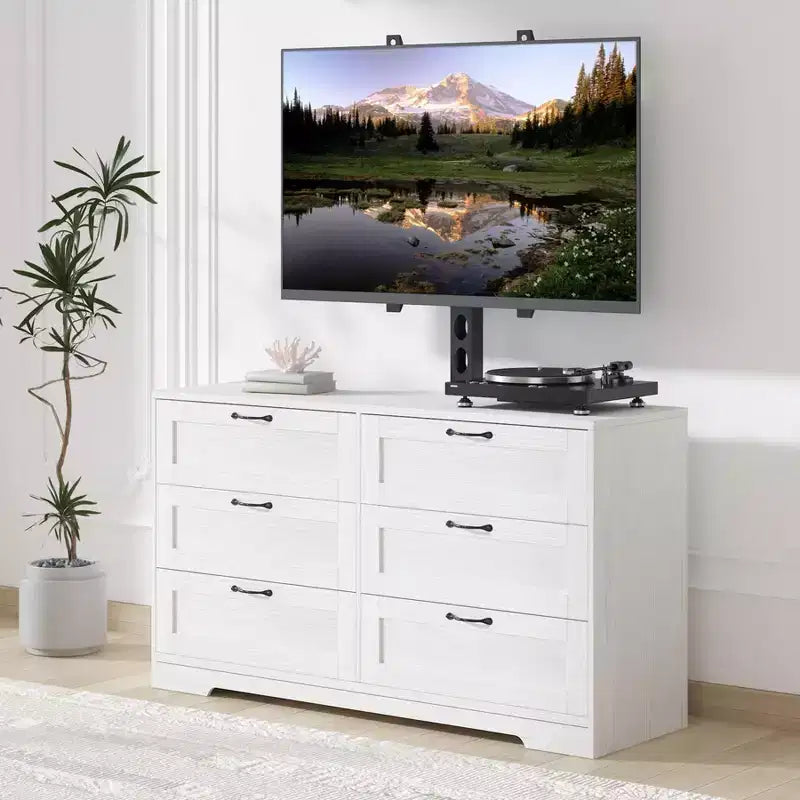 Meuble TV avec support et 6 tiroirs de rangement pour téléviseurs de 32/45/55/65/75/80 pouces, centre de divertissement noir pour chambre à coucher, salon, tables de console multimédia en bois