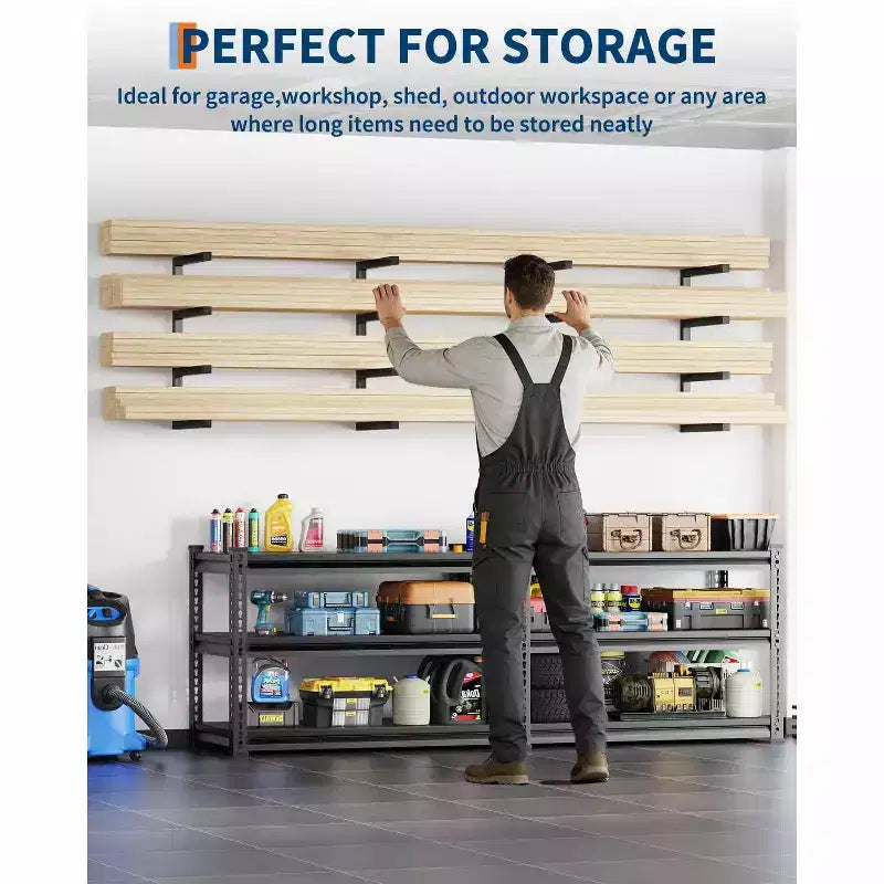 Range de stockage de bois, lot de 2, fixation murale, étagères de rangement en bois à 4 niveaux en acier robuste, capacité de 360 kg, pour abri de jardin, atelier, garage