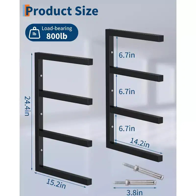 Range de stockage de bois, lot de 2, fixation murale, étagères de rangement en bois à 4 niveaux en acier robuste, capacité de 360 kg, pour abri de jardin, atelier, garage