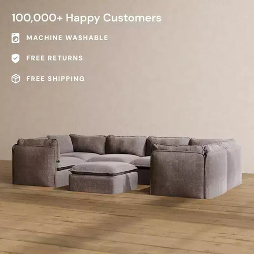 Canapé sectionnel en U Anabei modulaire lavable 6 places + pouf | Assise Deluxe+ et oreiller Cloud