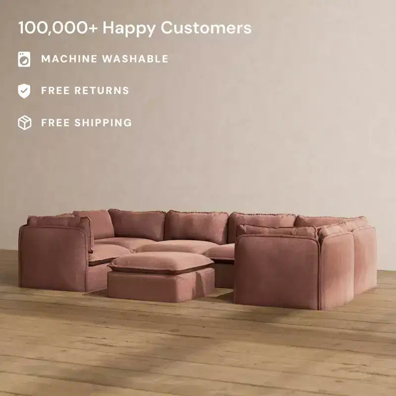 Canapé sectionnel en U Anabei modulaire lavable 6 places + pouf | Assise Deluxe+ et oreiller Cloud