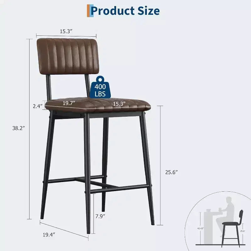 Lot de 2 tabourets de bar, chaises de bar hautes avec coussin épais et pieds en métal renforcé, tabourets de bar hauteur comptoir en similicuir, pour îlot de cuisine, bar de comptoir