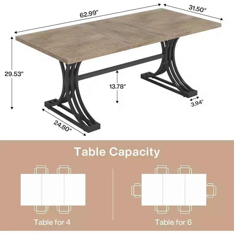 Table à manger rectangulaire moderne Lantine de 63 pouces avec plateau gris et élégants pieds en métal noir, pour 4 à 6 personnes (table seule)