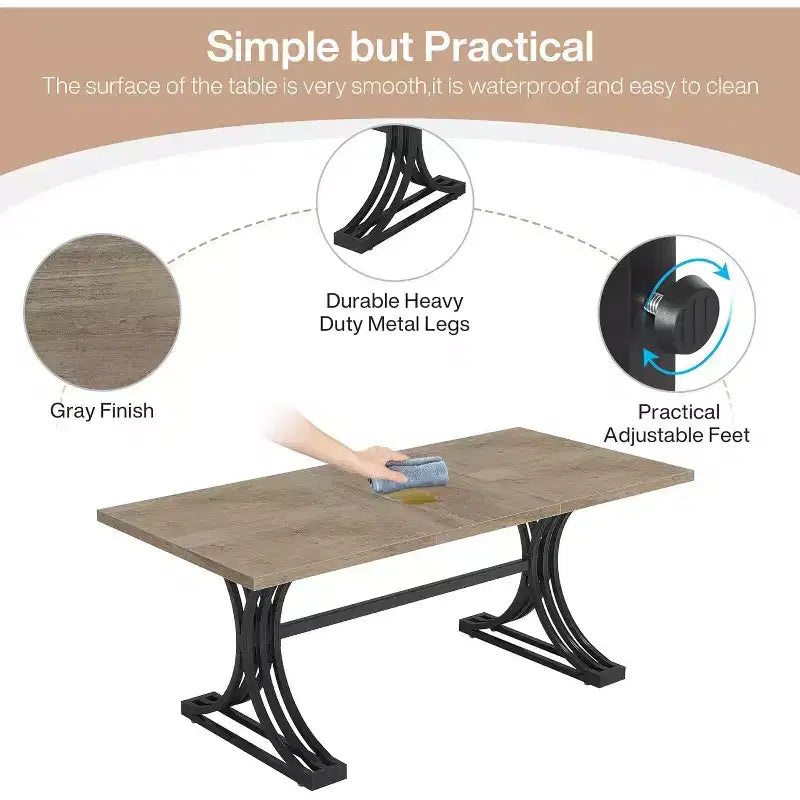 Table à manger rectangulaire moderne Lantine de 63 pouces avec plateau gris et élégants pieds en métal noir, pour 4 à 6 personnes (table seule)
