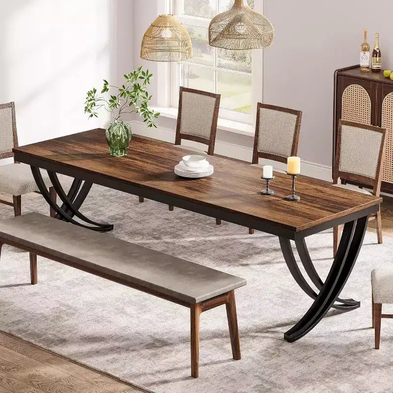 Table à manger rectangulaire Lantine de 198 cm pour 6 à 8 personnes, grande table de ferme en bois pour cuisine ou salle à manger, marron, table uniquement