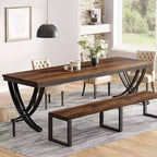 Table à manger rectangulaire Lantine de 198 cm pour 6 à 8 personnes, grande table de ferme en bois pour cuisine ou salle à manger, marron, table uniquement