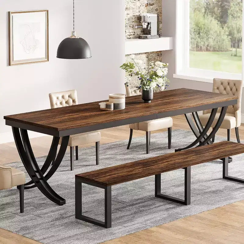 Table à manger rectangulaire Lantine de 198 cm pour 6 à 8 personnes, grande table de ferme en bois pour cuisine ou salle à manger, marron, table uniquement