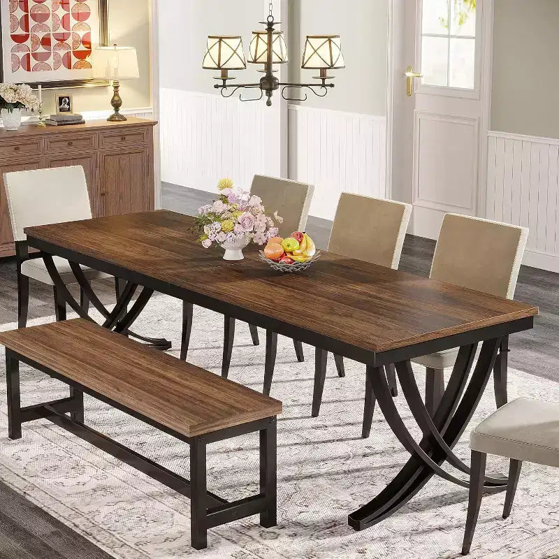 Table à manger rectangulaire Lantine de 198 cm pour 6 à 8 personnes, grande table de ferme en bois pour cuisine ou salle à manger, marron, table uniquement