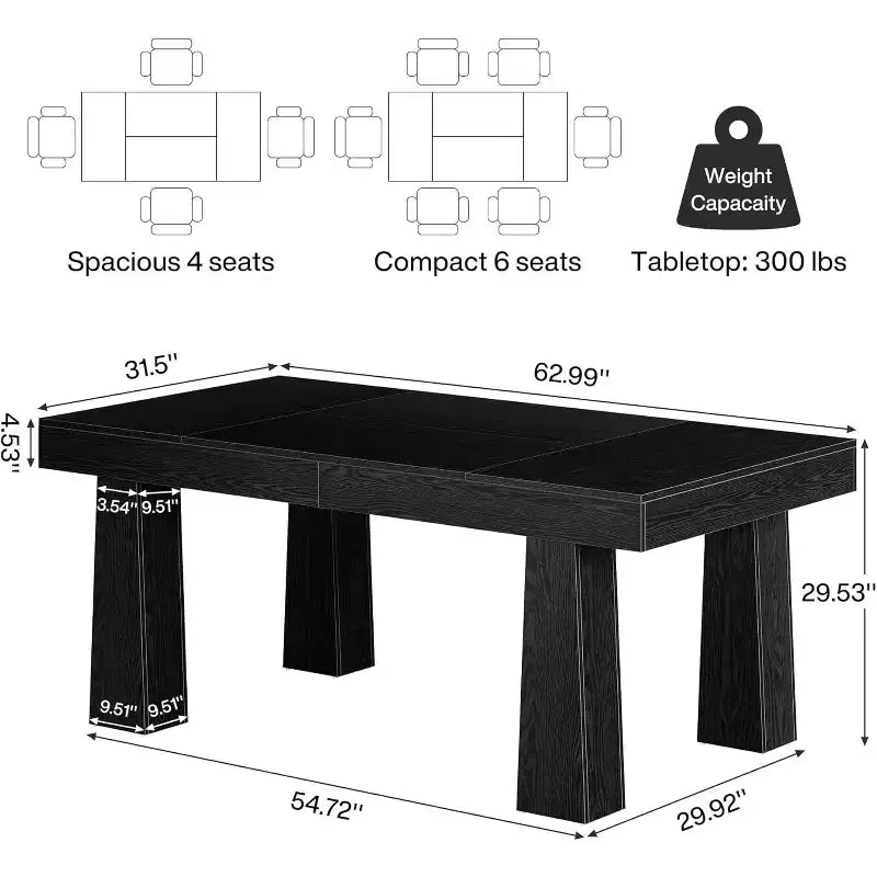 Table de salle à manger rectangulaire moderne Lantine 63'' avec pieds coniques robustes, noire, pour salle à manger, café, restaurant, montage facile.