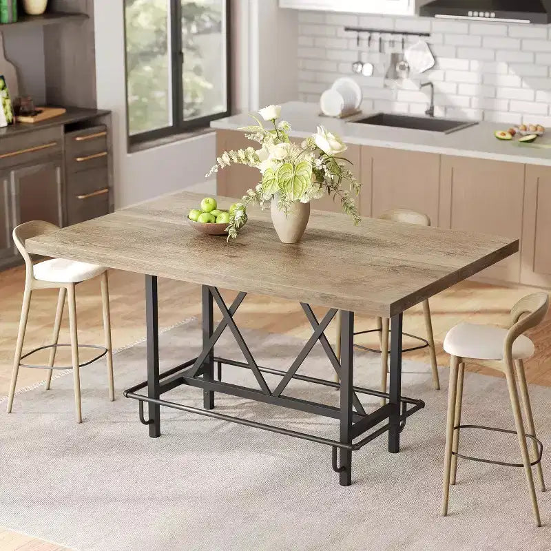 Lantine 63-Inch Industrial Bar Table with Metal Footrest, Counter Height Pub Table for Kitchen, Home Bar & Entertaining (Rustic Gray)