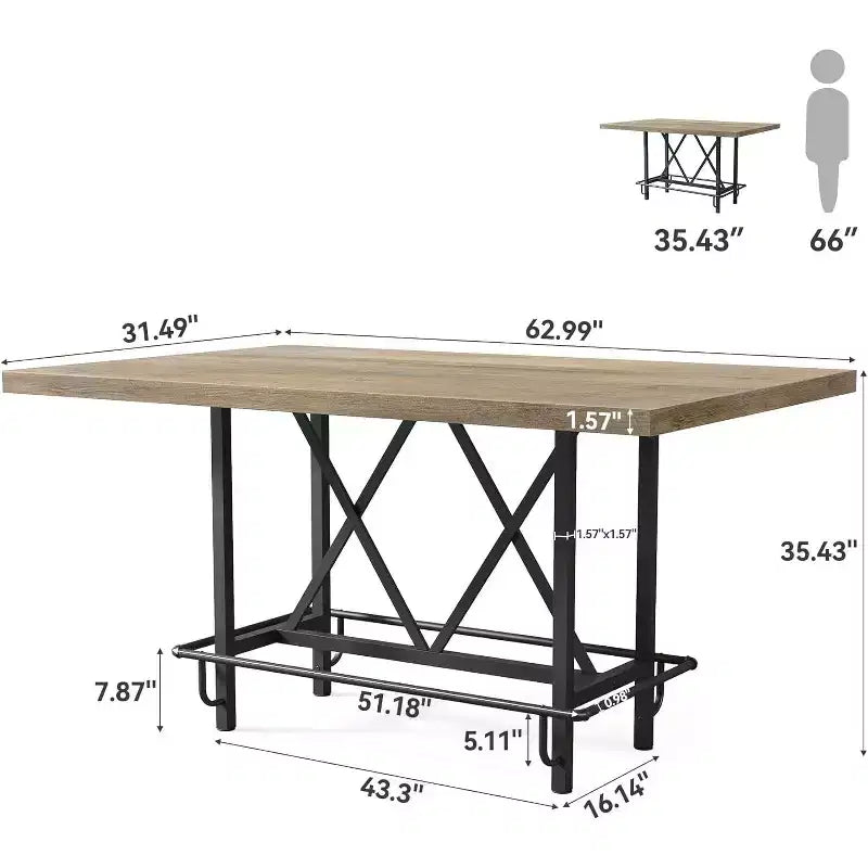 Table de bar industrielle Lantine de 63 pouces avec repose-pieds en métal, table de bistrot à hauteur de comptoir pour cuisine, bar à domicile et réceptions (Gris rustique)