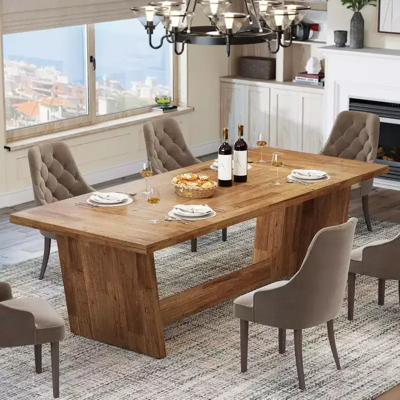 Lantine Table de salle à manger de 70,87 pouces : Grande table de cuisine rectangulaire de style ferme pour 6 à 8 personnes avec un piédestal solide, brun-jaune