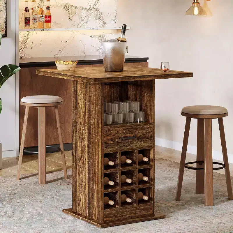 Table de bar carrée Lantine, table de pub cocktail industrielle de 99,9 cm de haut avec porte-bouteilles, meuble de bar pour le salon, la cuisine
