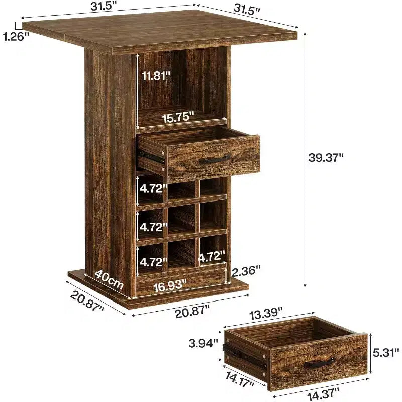 Table de bar carrée Lantine, table de pub cocktail industrielle de 99,9 cm de haut avec porte-bouteilles, meuble de bar pour le salon, la cuisine
