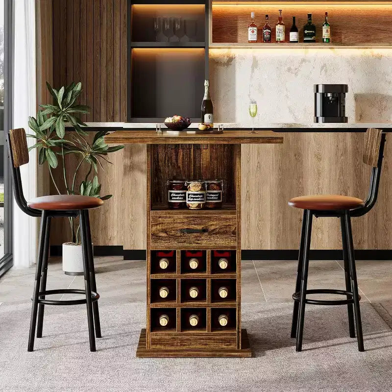 Table de bar carrée Lantine, table de pub cocktail industrielle de 99,9 cm de haut avec porte-bouteilles, meuble de bar pour le salon, la cuisine
