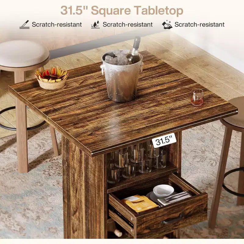 Table de bar carrée Lantine, table de pub cocktail industrielle de 99,9 cm de haut avec porte-bouteilles, meuble de bar pour le salon, la cuisine