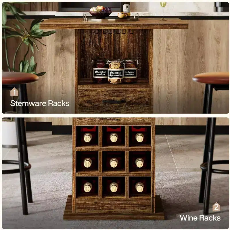 Table de bar carrée Lantine, table de pub cocktail industrielle de 99,9 cm de haut avec porte-bouteilles, meuble de bar pour le salon, la cuisine