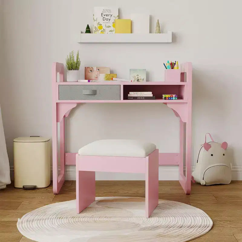 Ensemble bureau et chaise pour enfants, bureau d'étude pour garçons et filles, table d'écriture en bois pour enfants avec tiroirs en tissu et porte-stylo