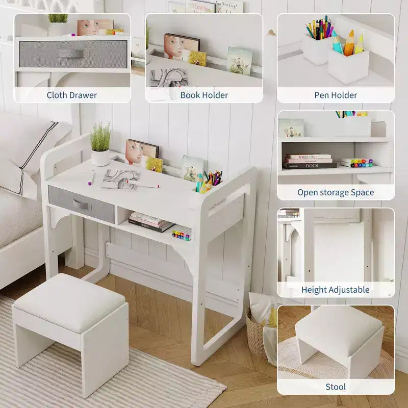 Ensemble bureau et chaise pour enfants, bureau d'étude pour garçons et filles, table d'écriture en bois pour enfants avec tiroirs en tissu et porte-stylo