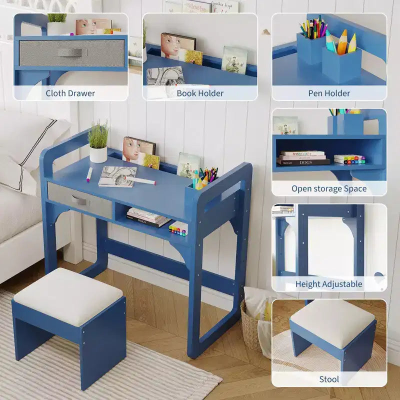 Ensemble bureau et chaise pour enfants, bureau d'étude pour garçons et filles, table d'écriture en bois pour enfants avec tiroirs en tissu et porte-stylo